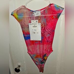 New Zara Women David Pher Semi-Sheer Printed Bodysuit Pink size M
